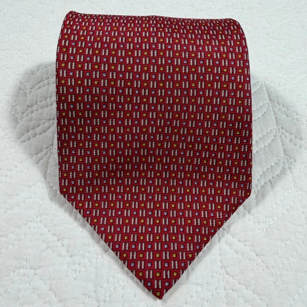 Dion Signature Necktie Men‎ Red Geometric Italian Silk Handcrafted EUC